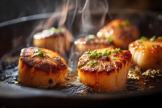 Close-up of perfectly seared scallops on sizzling pan with herbs and steam.