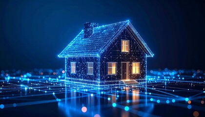 A glowing digital house floats amidst a network of interconnected lights, symbolizing smart technology and modern living