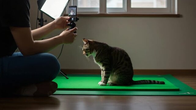 Behind the Scenes: Cat Model on Green Screen Getting Filmed for a Video Project