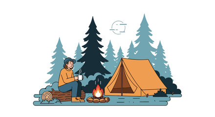 Peaceful solitude in the woods with a tent and a warm beverage around a crackling campfire illustration