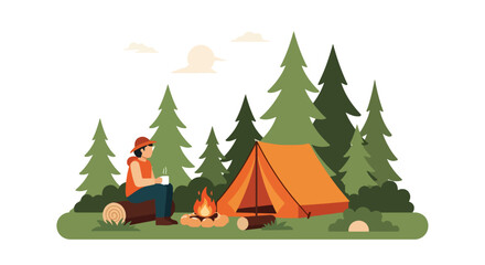 Serene camping scene with a camper enjoying a beverage by the fire under the trees amidst nature's charm