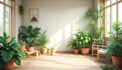 A room with simple interior design featuring striking white walls. Sunlight. Daylight. Houseplants. Greenery.