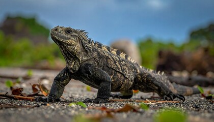 Fototapeta premium A large, dark iguana strides along a rough surface near greenery under a partially cloudy sky, captured in a close-up