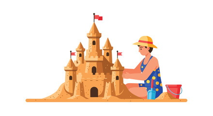 Illustrative sandcastle creation featuring a person on the beach with a bucket and shovel perfect for summer vacation fun