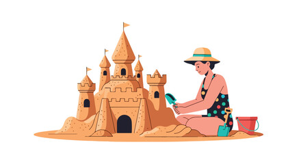 A cheerful summer scene featuring a woman building an intricate sandcastle on the beach, complete with turrets and flags, under a sunny sky in a