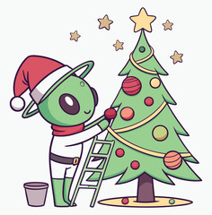 Alien Celebrates Christmas Vector, UFO Holiday Party T-Shirt Design, Cute Space Alien Christmas Tree, Galaxy Christmas Cartoon Art, Extraterrestrial Holiday Fun