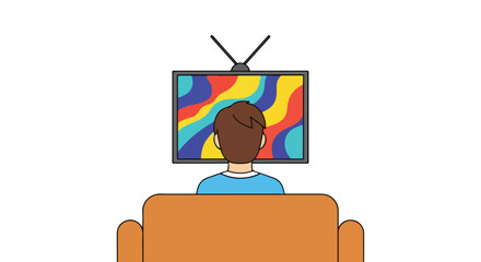 A cartoon man sits on a sofa watching an old colorful television set in his living room enjoying his leisure time relaxation and peace