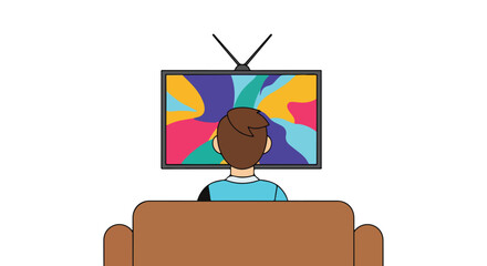 A person sits on a sofa watching an old television with an abstract colorful pattern displayed on its screen at home