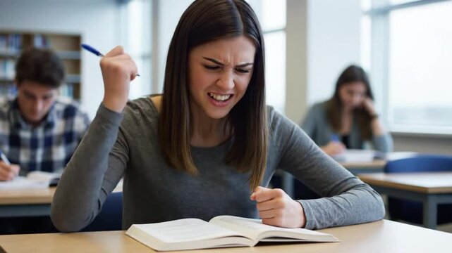 Young Woman Student Frustrated and Stressed in Classroom Struggling with Studies Academic Pressure and Learning Difficulties During Exam Preparation Teenager Ex