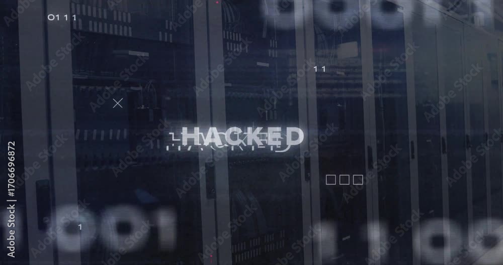Poster on startup showing hacked text emerging over server racks glitching hues depicting data breach