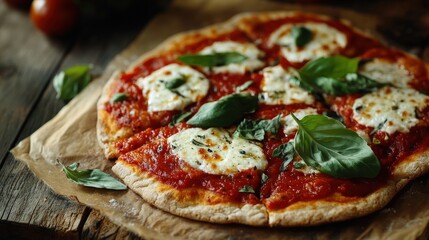 Close-up of a delicious pizza topped with mozzarella cheese and fresh basil.