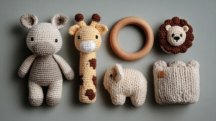 Assortment of handmade crochet baby toys on a neutral gray surface.