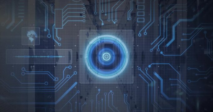Grid appearing over corridor, frame emerging with pulsing circle, lines growing forming data HUD