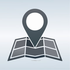 A location pin on a stylized, folded map with a light blue background