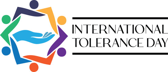 International Tolerance Day logo with diverse hands forming a circle around a central helping hand, symbolizing global unity and support.