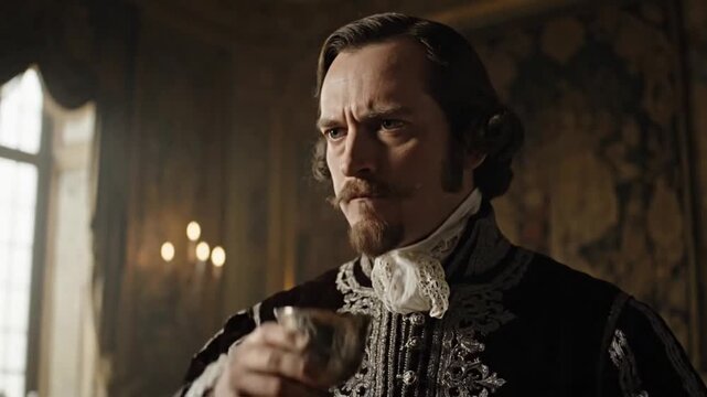 Intense Historical Gentleman in Period Costume Holds Silver Goblet in Opulent Baroque Interior Elegant Aristocrat in Vintage Attire with Thoughtful Expression
