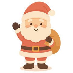 Cute Santa Claus with gift bag isolated on white background. Christmas illustration, festive character design for holiday cards, posters, invitations, stickers and decorations