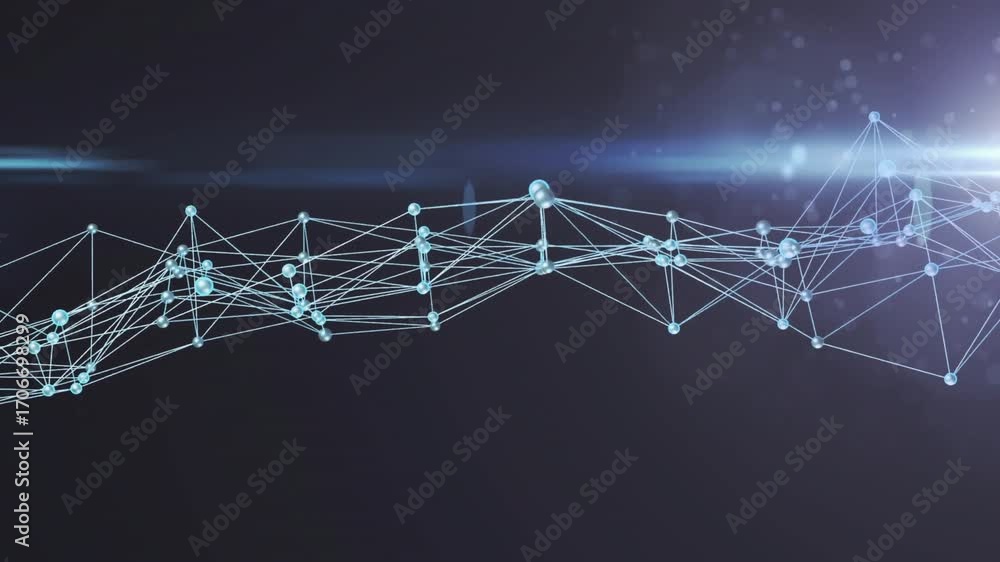 Poster opening on gradient, cyan nodes emerging and linking into digital network visualizing connectivity