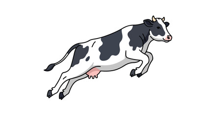 Animated dairy cow leaps playfully across a pristine white canvas creating whimsical imagery perfect for storybooks illustration or children's
