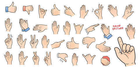 Set of hands in doodle style isolated human hands. Vector different hand positions