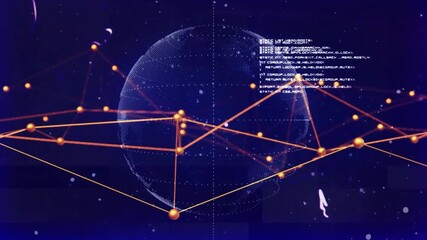 Upon startup globe rotating network lines shifting and code blocks scrolling while visualizing data - Powered by Adobe