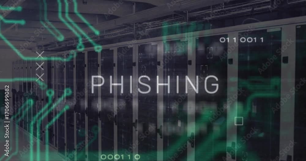 Poster ghost forming phishing text above server racks circuits sweeping, binary code flowing showing risk