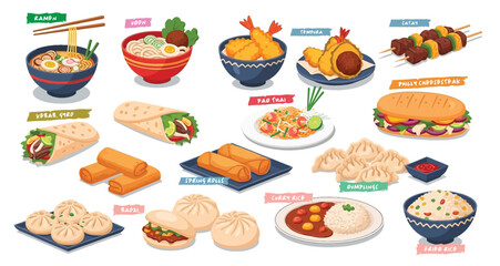 Fast food. ramen, udon, tempura, falafel, kebab, gyro, pad thai, spring rolls, dumplings, baozi, curry rice, fried rice. Flat vector illustrations isolated on a white background