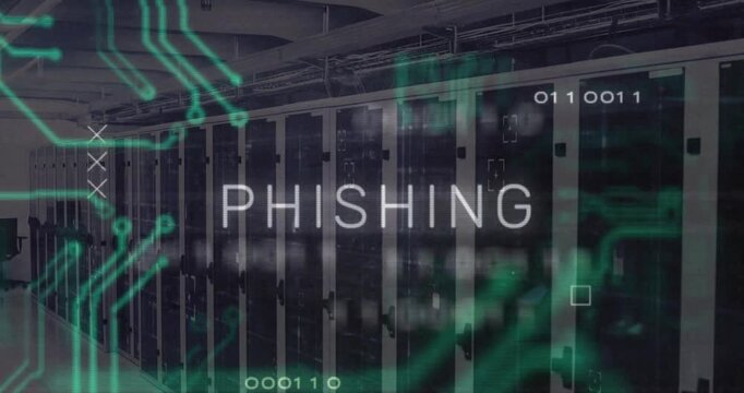 Ghost forming PHISHING text above server racks circuits sweeping, binary code flowing showing risk