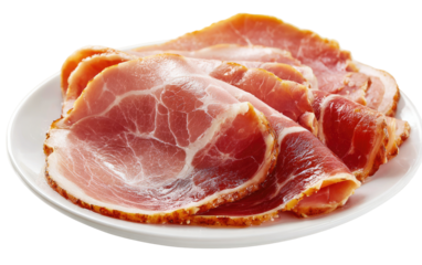 Slices of cured ham on a plate.  Stacked, thinly sliced, and slightly browned ham pieces arranged on a white plate.  Natural colors and textures