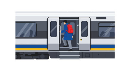 Traveler Boarding a Modern Commuter Train with Red Backpack on a White Background Isolated View
