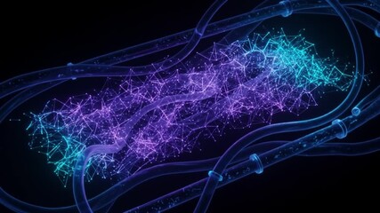 Interconnected nodes glowing tubes Teal at one end transitioning to purple Set against black - Powered by Adobe
