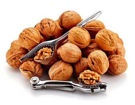 Walnuts and nutcracker on white