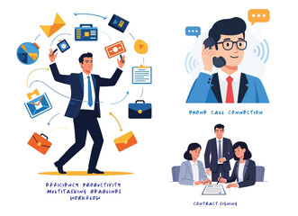 Business professionals multitasking, managing workflow, making phone calls, and contract signing, symbolizing productivity, communication, and corporate teamwork.