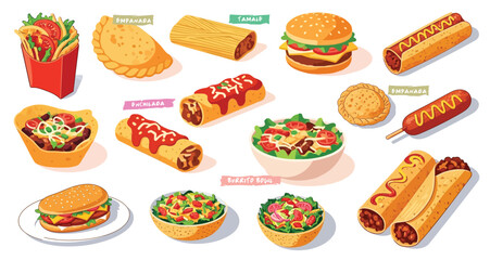 Fast food. Corn dog, empanada, tamale, enchilada, tostada, burrito bowl, taco salad, chicken sandwich. Flat vector illustrations isolated on a white background