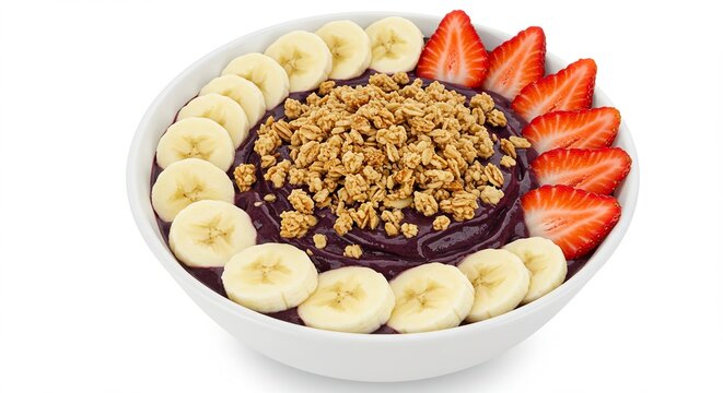 A bowl of fruit and grano showing a brazilian a&ccedil;a&iacute; bowl with granola, banana slices, and strawberries