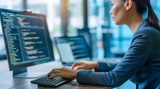Woman working on computer with code displayed on monitor in office setting