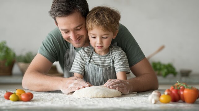 A man and a boy are making pizza dough together