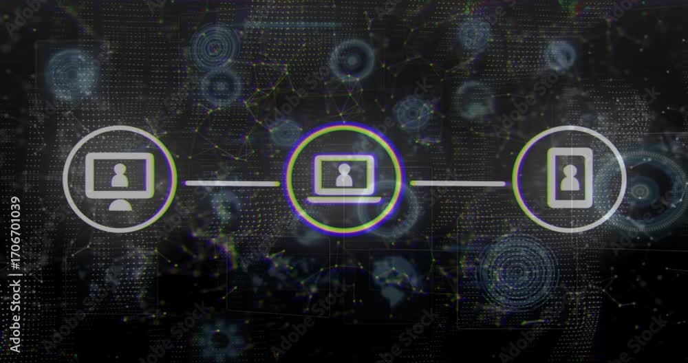 Poster upon circular monitor icon appearing, line extending to laptop or mobile icons, grid pulsing for syn