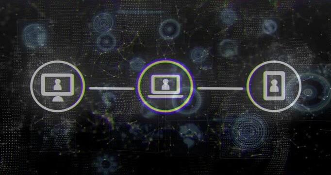 Upon circular monitor icon appearing, line extending to laptop or mobile icons, grid pulsing for syn