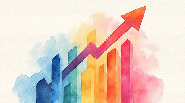 A vibrant, artistic representation of rising bar graphs with an upward arrow, symbolizing growth, success, and progress in business or finance.