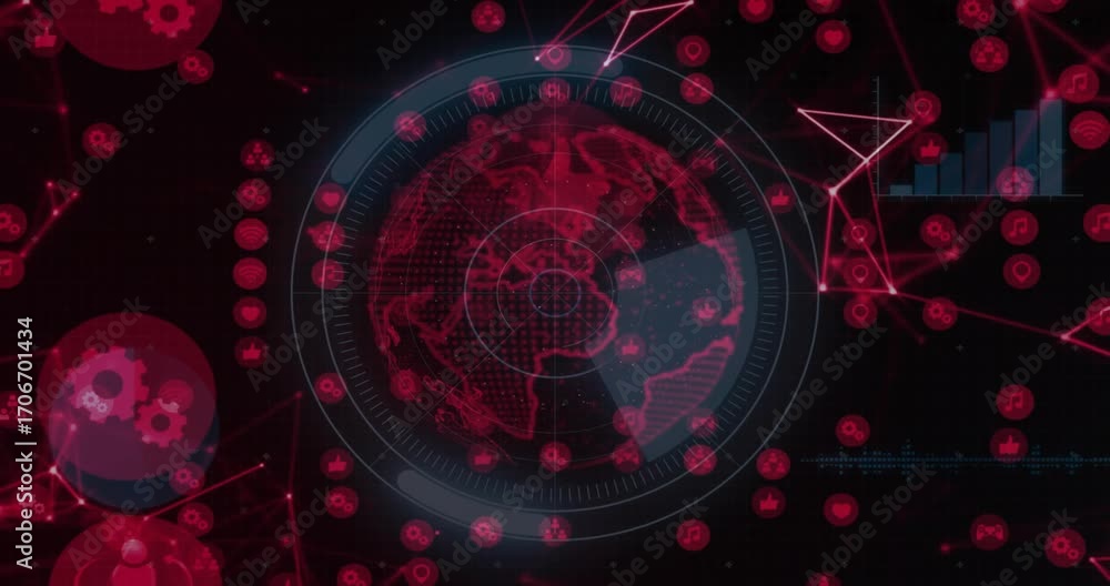 Aufkleber pulsing data nodes, starting globe rotating, network icons pulsing, bars rising showing data flows