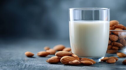 A glass of creamy almond milk surrounded by scattered almonds on a textured surface, highlighting a healthy, plant-based beverage.
