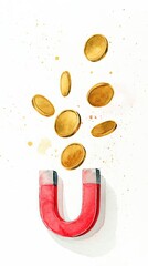 Fototapeta premium A colorful illustration of a red magnet attracting golden coins, symbolizing wealth and attraction.