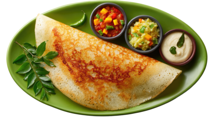 Crispy South Asian crepe, served with vibrant chutneys and a creamy dipping sauce, on a bright green plate