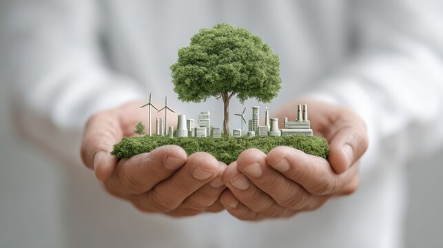 A person holding a miniature city with a tree symbolizing environmental conservation