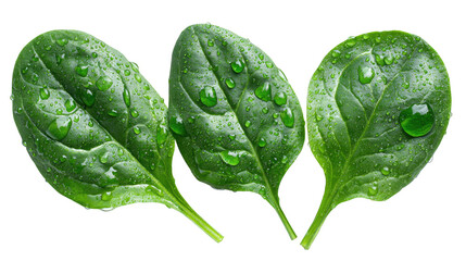 Close-up of three spinach leaves, glistening with water droplets
