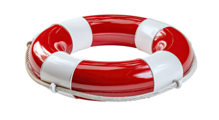 A bright red life preserver with white stripes, circular and buoyant, on a black background