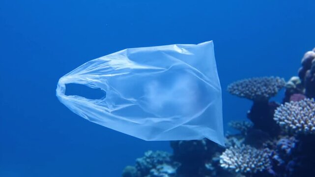 A single plastic bag drifts slowly through crystal blue ocean water dangerously close to vibrant coral reefs highlighting the severe problem of marine pollution