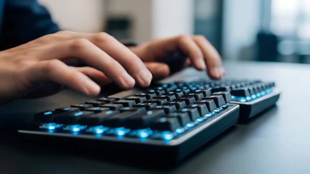 Typing on a Split Ergonomic Keyboard with Blue Backlighting in an Office Setting