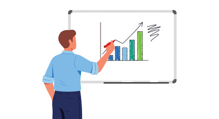 Illustrative character depicting business growth on a whiteboard with ascending graphs  visualizing data driven progress and positive financial